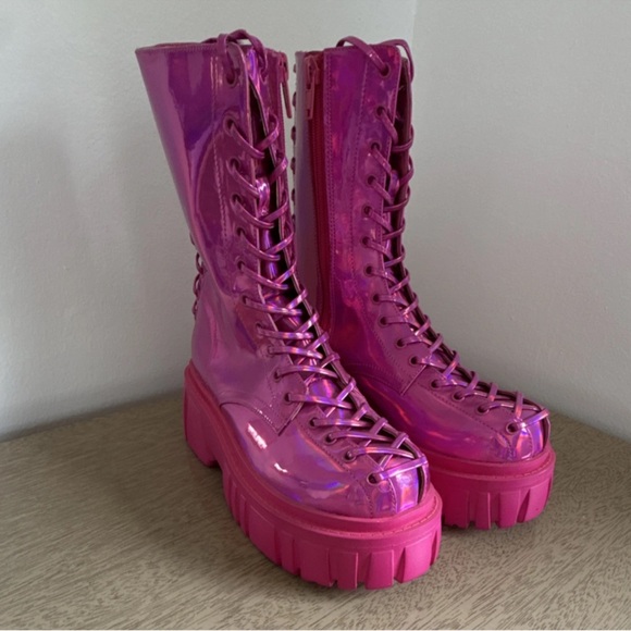 Dolls Kill Shoes - Dolls Kill Pink Iridescent Holographic Lace-Up Combat Boots Chunky Platform